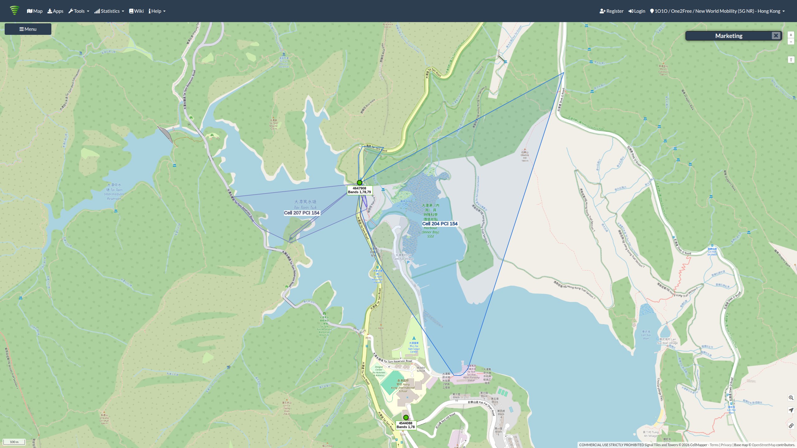 Map of recorded csl coverage associated with the new Tai Tam base station and sampled routes around the reservoir.